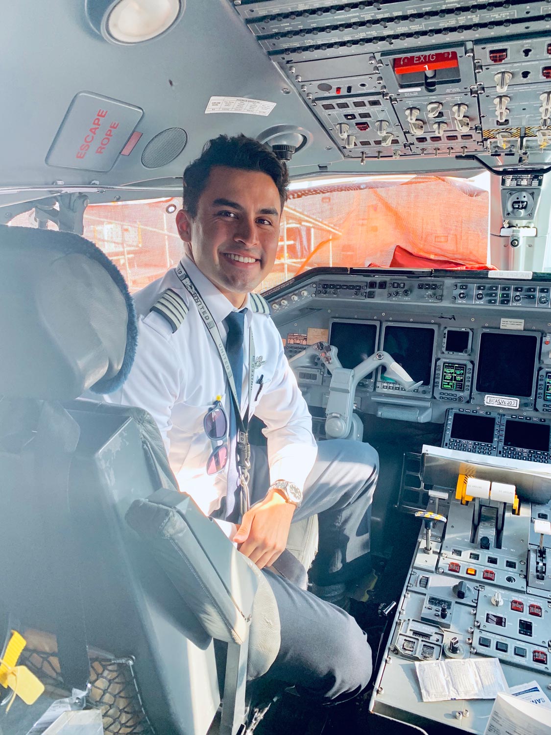 Adam in the airplane cockpit