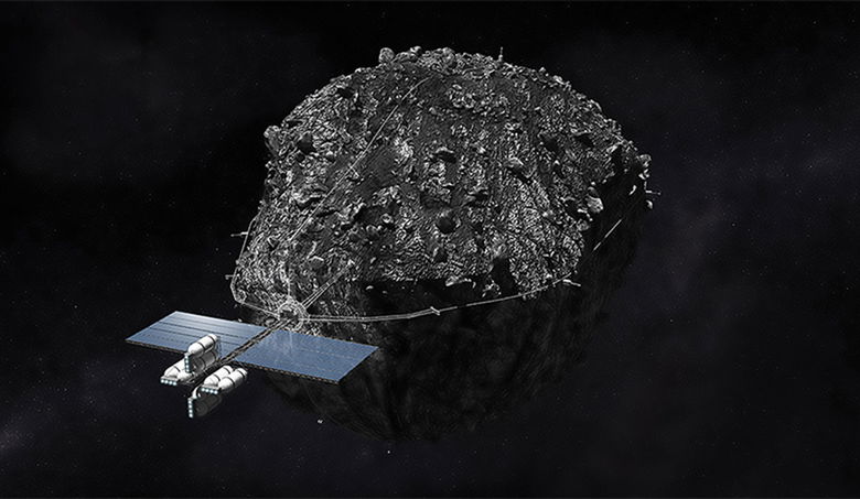 Artist Rendering of Spacecraft Harvesting an Asteroid