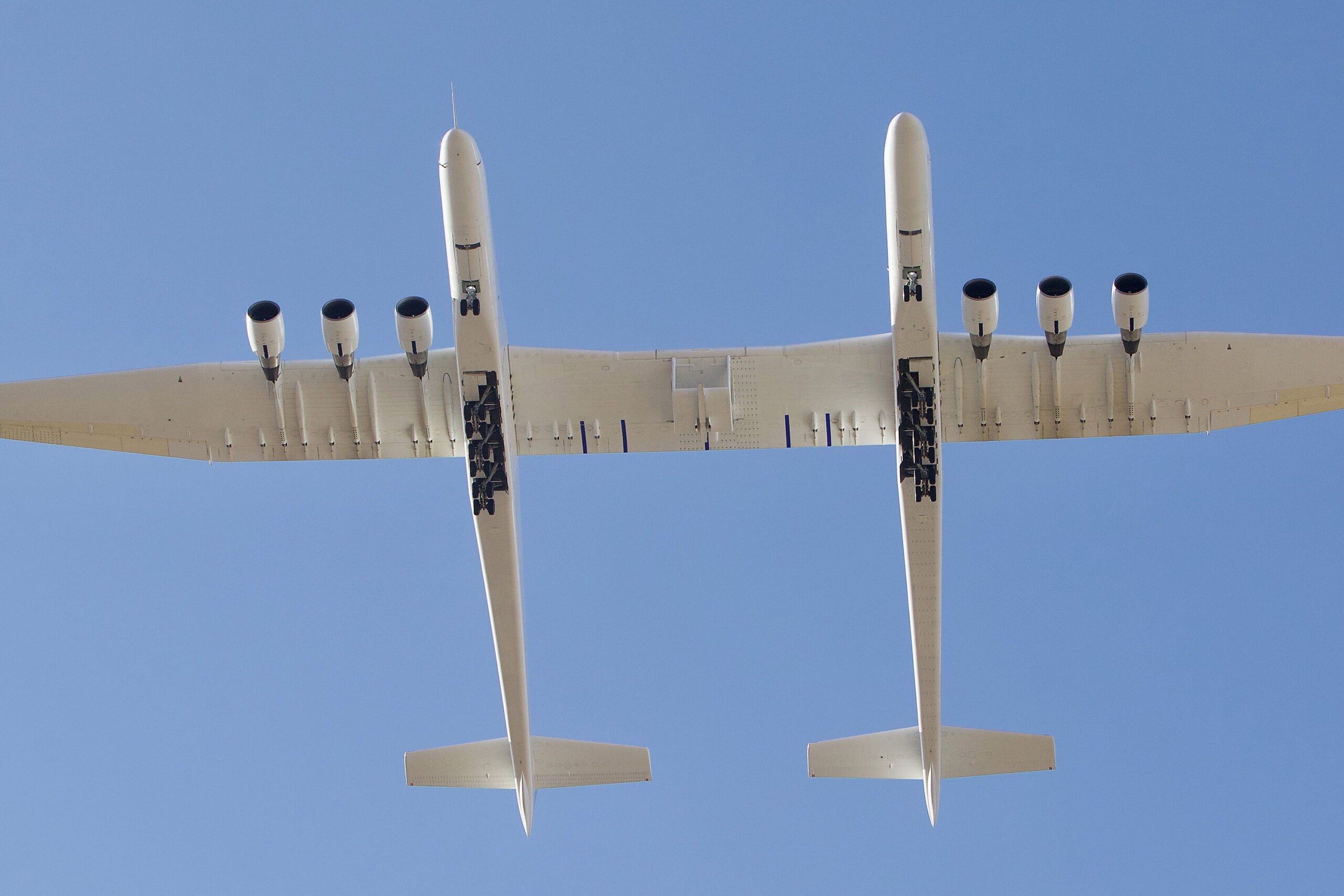 Stratolaunch Roc the world's largest airplane flies overhead