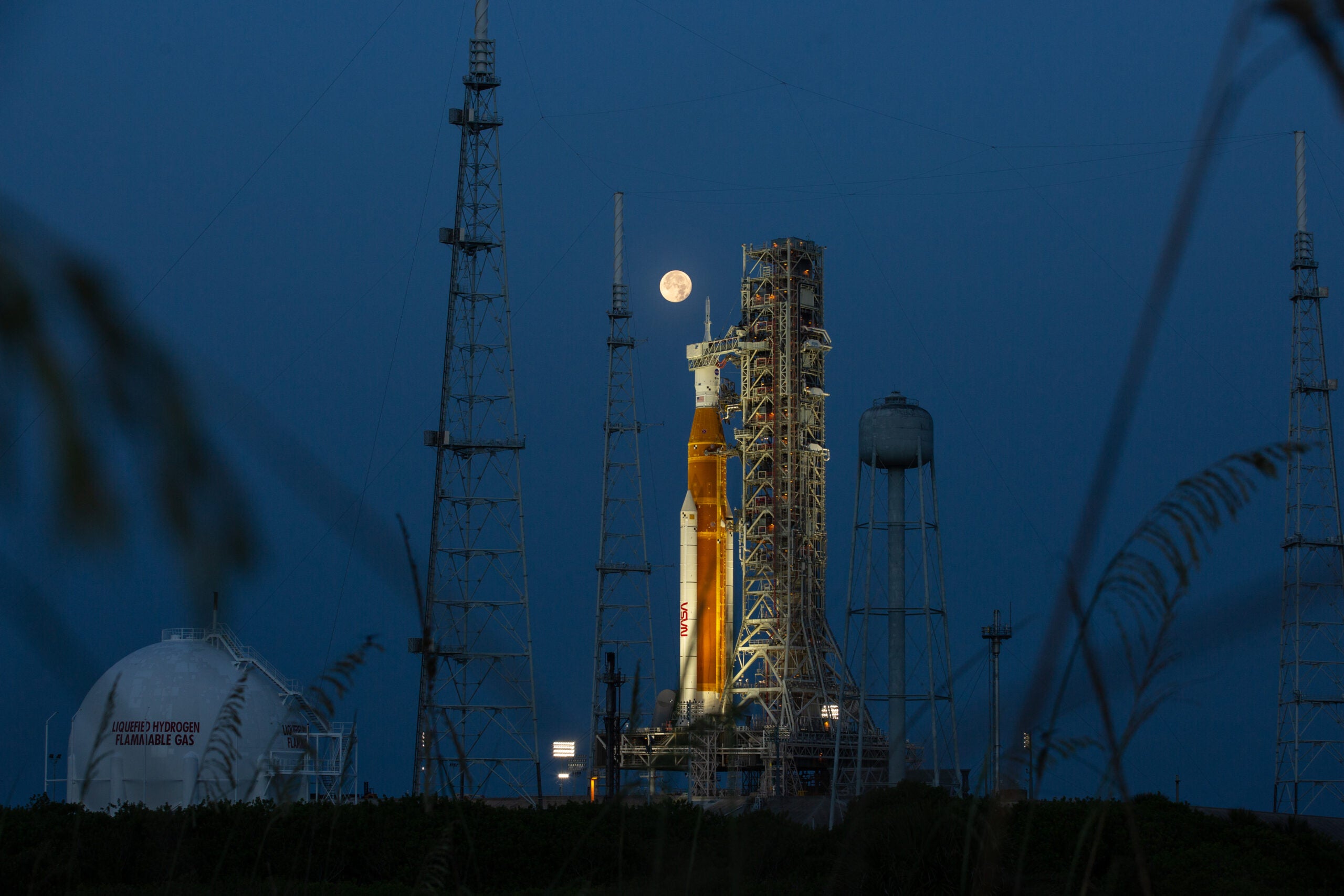 SLS at Launch Site 39B during a full moon. [Photo: NASA]