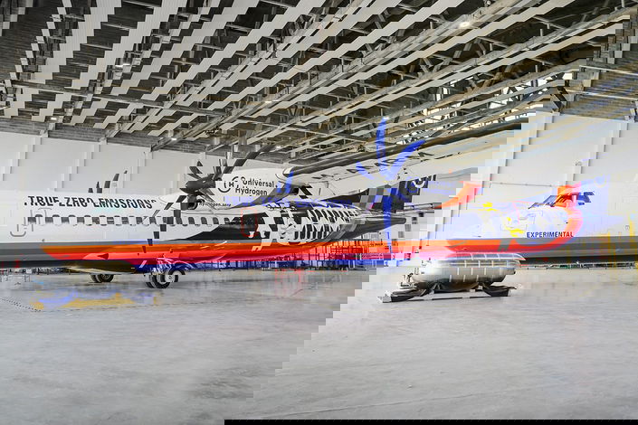 Universal Hydrogen's modified ATR 72 in its hangar in Toulouse, France