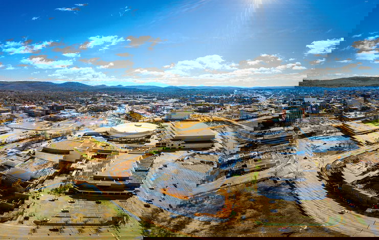 An aerial view of downtown Huntsville, Alabama, overlooking Big Spring Park