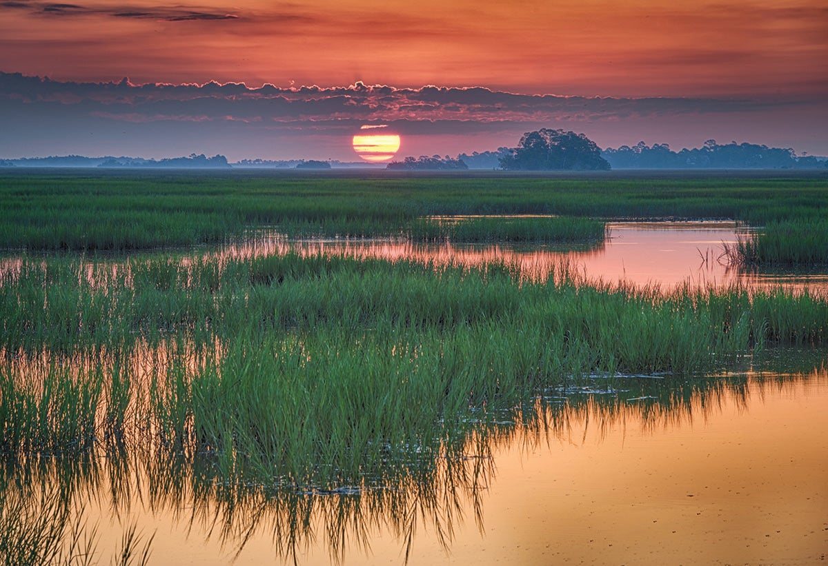 A view of the barrier islands estuary at sunrise