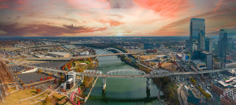 An aerial view of downtown Nashville's cityscape.
