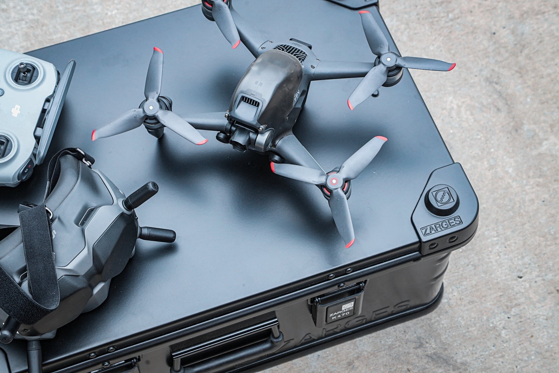 Drone sitting on a Zarges case
