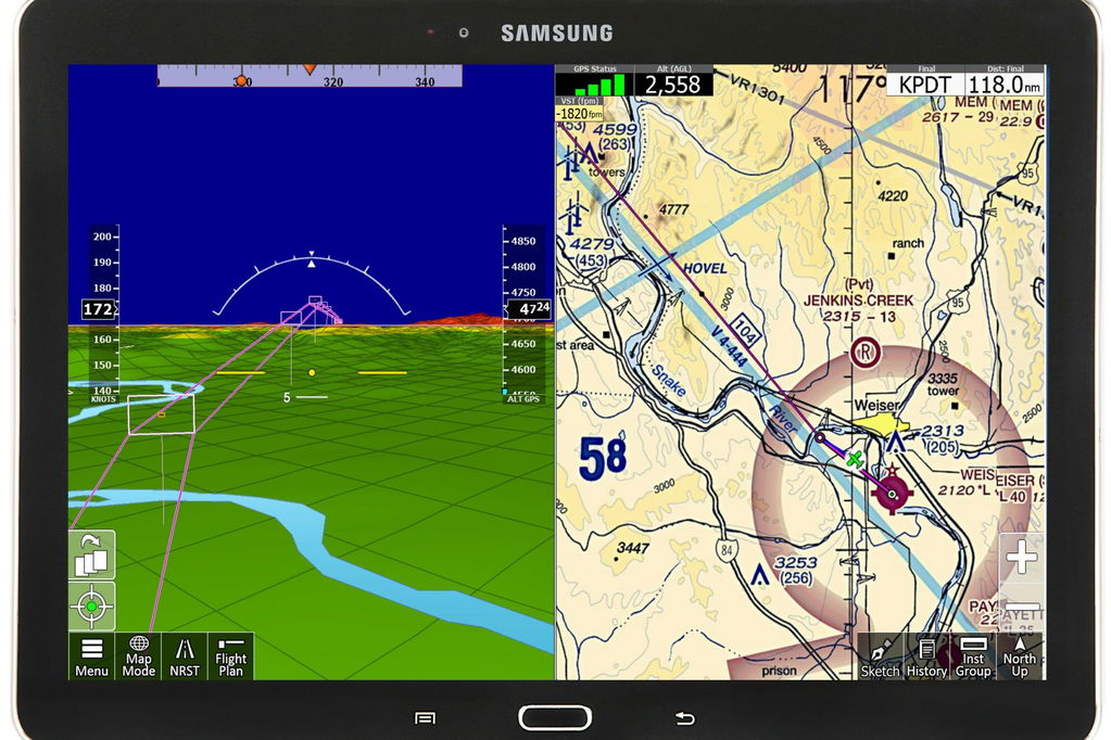 iFly Synthetic Vision feature next to a VFR sectional chart moving map.