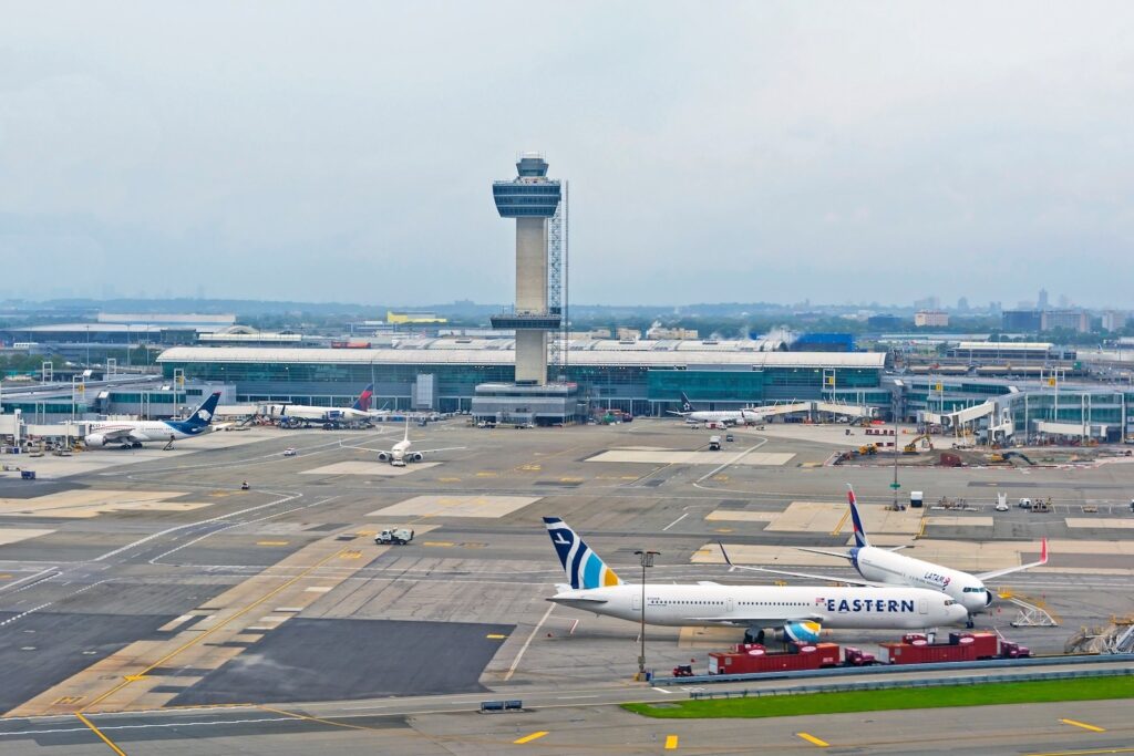 An air traffic control tower at John F. Kennedy International Airport in New York City.