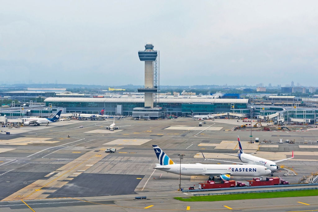 An air traffic control tower at John F. Kennedy International Airport in New York City.