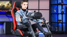 Woman in flight sim cockpit
